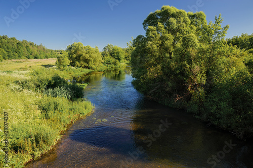 Serene sunny summer landscape. Small river with green meadows and trees on banks