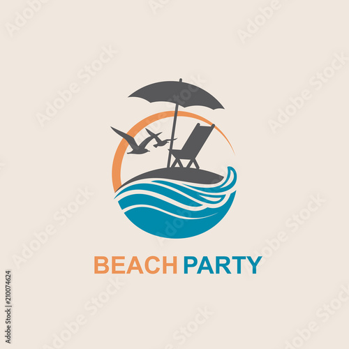 emblem of summer vacation with reclining chair and umbrella on island