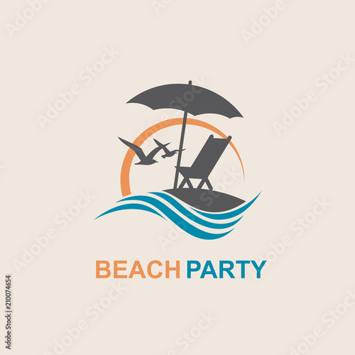 emblem of summer vacation with reclining chair and umbrella on island