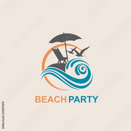 emblem of summer vacation with reclining chair and umbrella on island
