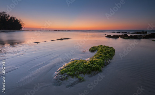 Long Expose effect at the beach with rocks covered by green moss. © udoikel09