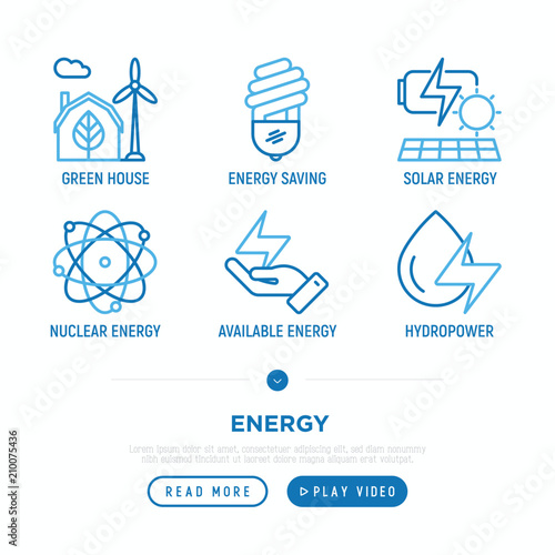 Energy thin line icons set: green house, wind energy, light bulb, solar energy, nuclear energy, hydropower. Vector illustration, web page template.
