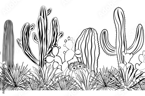 Sketch cacti seamless pattern. Black and white