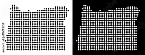 Vector rhombic pixel Oregon State map. Abstract geographical maps in black and white colors on white and black backgrounds. Oregon State map constructed of rhombus element grid.