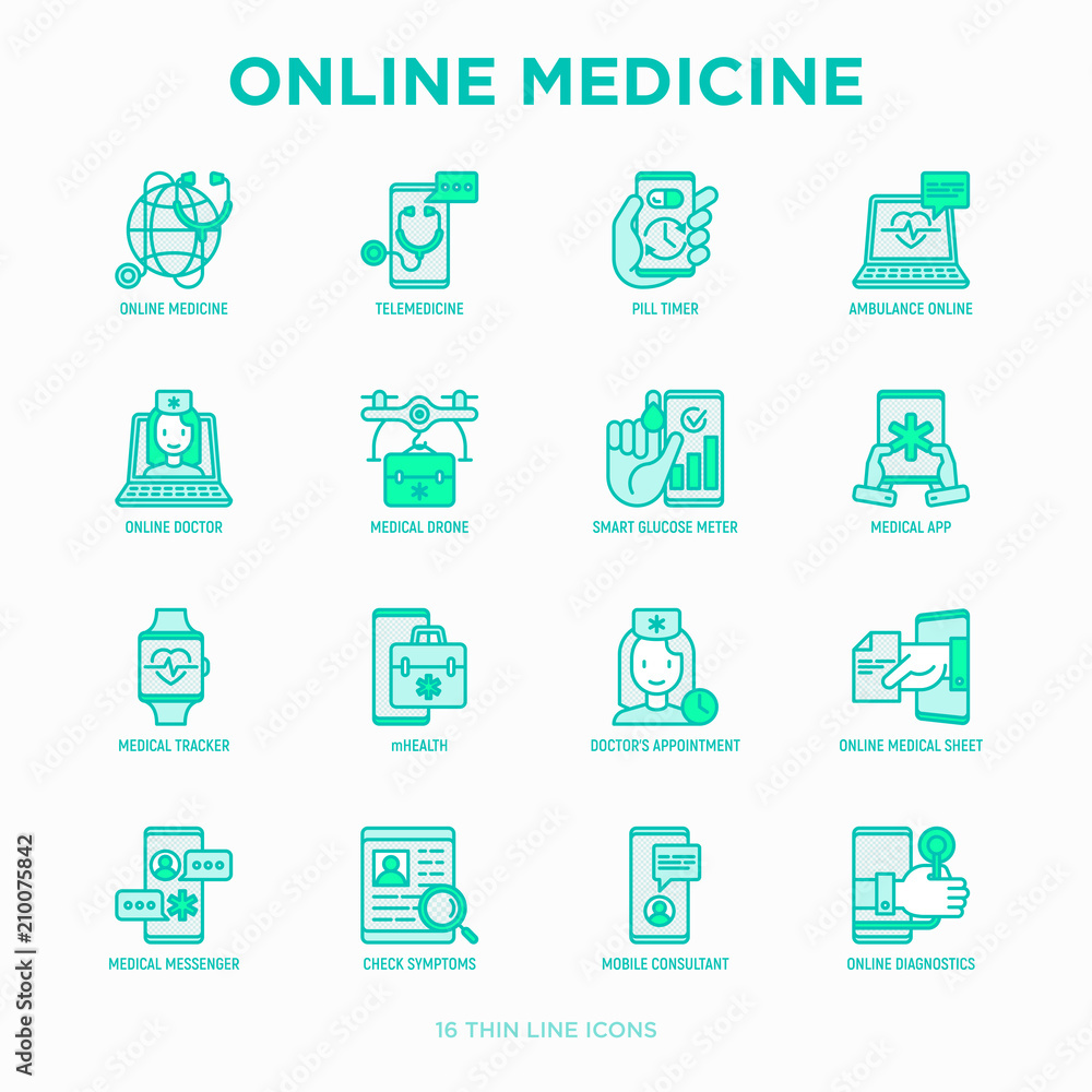 Online medicine, telemedicine thin line icons set: pill timer, ambulance online, medical drone, medical tracker, mHealth, messenger, check symptomps, mobile consultant. Modern vector illustration. Online medicine, telemedicine thin line icons set: pill timer, ambulance online, medical drone, medical tracker, mHealth, messenger, check symptomps, mobile consultant. Modern vector illustration.