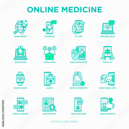 Online medicine, telemedicine thin line icons set: pill timer, ambulance online, medical drone, medical tracker, mHealth, messenger, check symptomps, mobile consultant. Modern vector illustration.