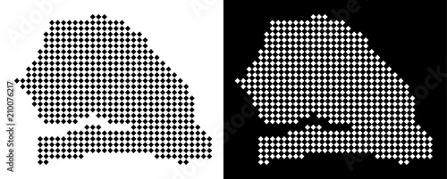 Vector rhombus pixel Senegal map. Abstract geographical maps in black and white colors on white and black backgrounds. Senegal map composed of rhombus point grid.