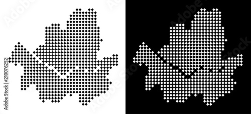 Vector rhombus dotted Seoul city map. Abstract geographical maps in black and white colors on white and black backgrounds. Seoul city map combined of rhombic item grid.