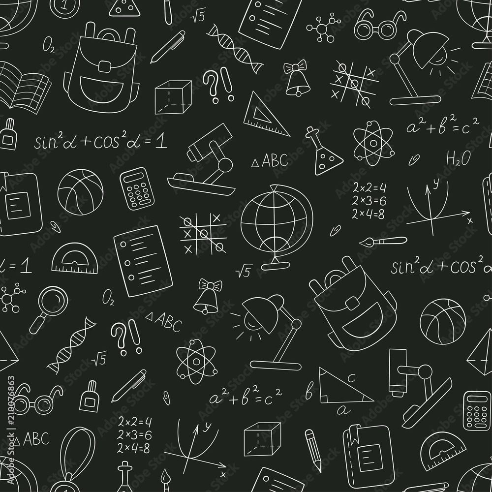 School seamless pattern in doodle and cartoon style. Chalkboard. School seamless pattern in doodle and cartoon style. Chalkboard.