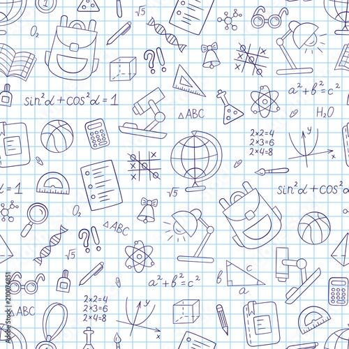 School seamless pattern in doodle and cartoon style. Notebook in a cage. 