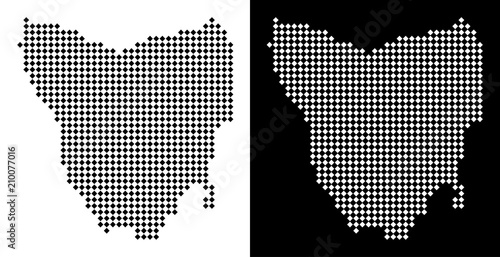 Vector rhombus dotted Tasmania Island map. Abstract geographical maps in black and white colors on white and black backgrounds. Tasmania Island map composed of rhombus pixel mosaic.