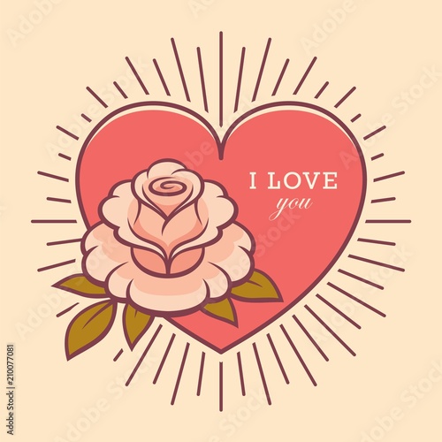 Love you retro card with rose flower illustration.