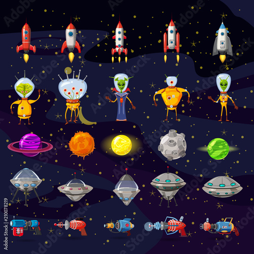 Cosmos set concept. Set on a space theme, including a rockets, planets, aliens, blasters. Vector illustration isolated on space background.