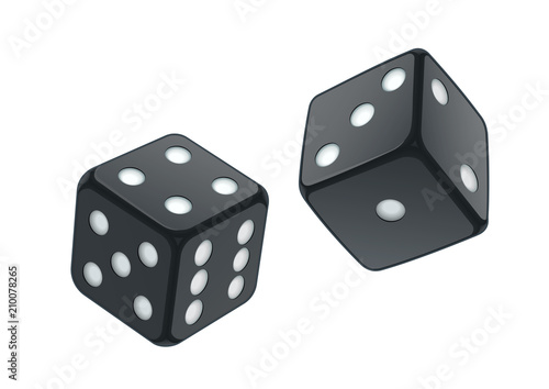 Black playing dice for casino and game. Isolated white