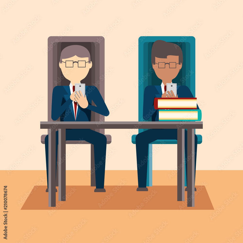 businessmen sitting and using a cellphones over orange background, colorful design. vector illustration businessmen sitting and using a cellphones over orange background, colorful design. vector illustration