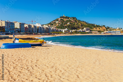 Sea landscape in Blanes, Catalonia, Spain near of Barcelona. Scenic town with nice sand beach and clear blue water in beautiful bay. Famous tourist resort destination in Costa Brava