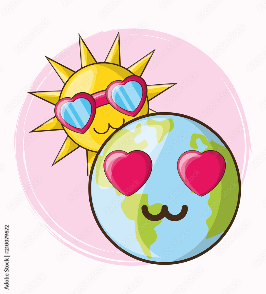 Fototapeta premium earth planet and cute sun with glasses over background, colorful design. vector illustration