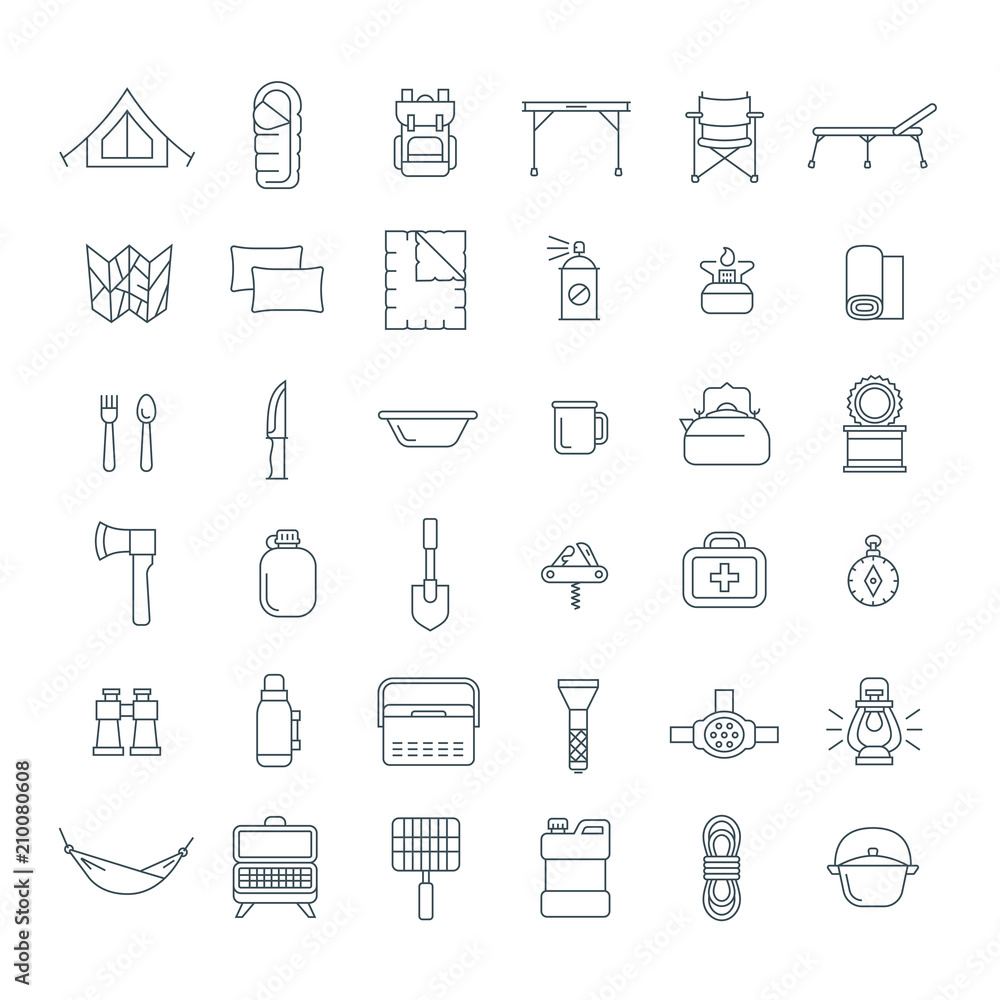 Tourist equipment thin line icons set. Linear outdoor travel activity items. Gears for hiking, trekking and camping. Vector outline flat illustration. Summer tourism accessories.