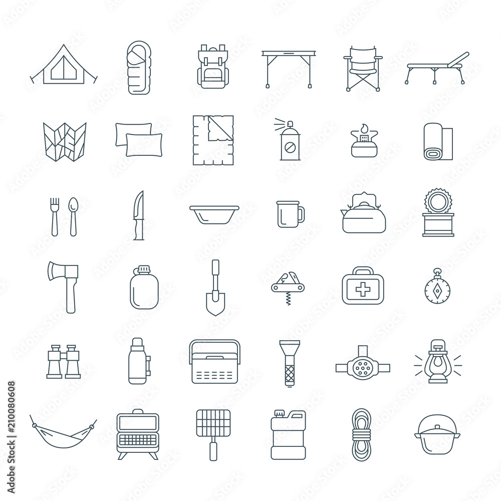 Tourist equipment thin line icons set. Linear outdoor travel activity items. Gears for hiking, trekking and camping. Vector outline flat illustration. Summer tourism accessories. Tourist equipment thin line icons set. Linear outdoor travel activity items. Gears for hiking, trekking and camping. Vector outline flat illustration. Summer tourism accessories.