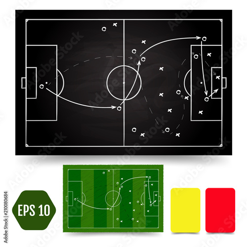 Soccer game tactical scheme. Football players frame and strategy arrows on chalk black and colored boards, plan of action formations. Vector chalk  illustration on black and colored backgrounds