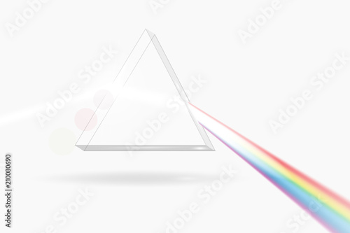 Spectrum prism picture. Transparent optical element, triangular prism dispersing a beam of white light, rainbow wavelengths
