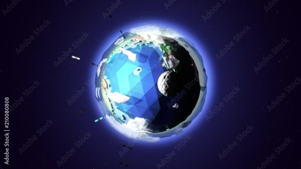 A stylized Animated Earth and Moon in their Orbits, with circling Satellites. A stylized Animated Earth and Moon in their Orbits, with circling Satellites.