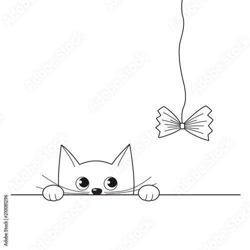 Vector illustration of cute peeking kitten playing with a cat toy