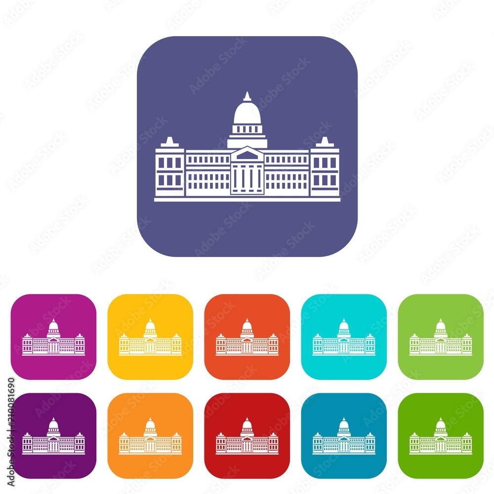 Palace of Congress in Buenos Aires, Argentina icons set vector illustration in flat style In colors red, blue, green and other