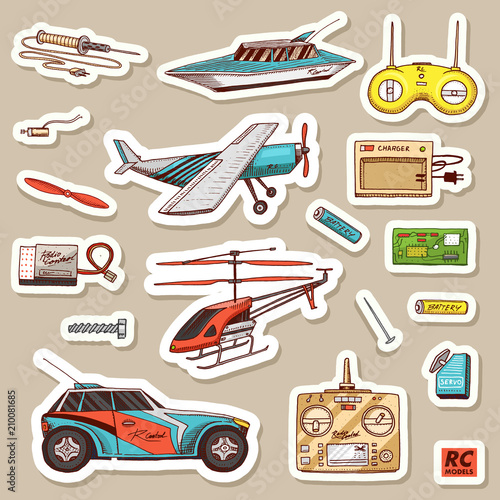 Children toys constructor. Vintage aircraft, boat, ship and car, RC transport, remote control models. Stickers for notebook. Details for service. Play Games. Engraved hand drawn sketch.