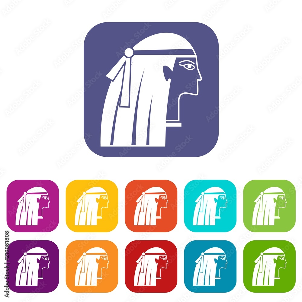 Egyptian girl icons set vector illustration in flat style In colors red, blue, green and other