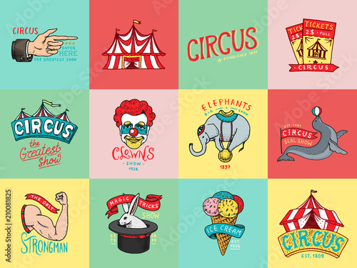 Circus badge. Vintage Carnival logos or emblems. Label for the festival banner and show. Harlequin with animals. retro clown and elephant, ice cream, magic focus in the tent. engraved hand drawn.