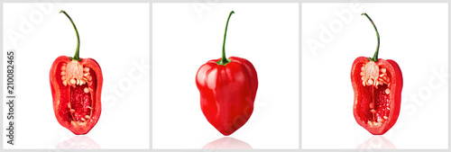 Red Habanero pepper, half of red Habanero pepper, slice, isolated on white background with drop shadow. Collage of set photos. photo