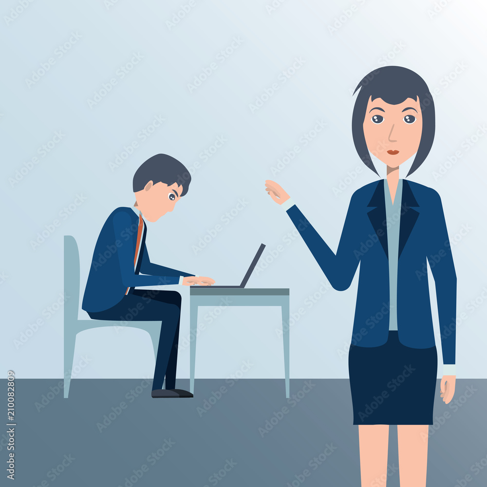 cartoon businesswoman standing and businessman working at desk over gray background, colorful design. vector illustration cartoon businesswoman standing and businessman working at desk over gray background, colorful design. vector illustration