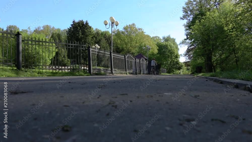 An unidentified cyclist is leaving on a wide empty avenue in the park. Sports morning, healthy lifestyle, the bike leaves in the distance. An unidentified cyclist is leaving on a wide empty avenue in the park. Sports morning, healthy lifestyle, the bike leaves in the distance.