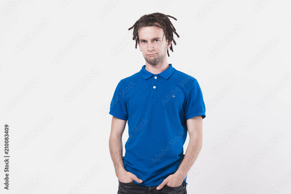 Handsome happy man with dreadlocks in blue t-shirt Handsome happy man with dreadlocks in blue t-shirt