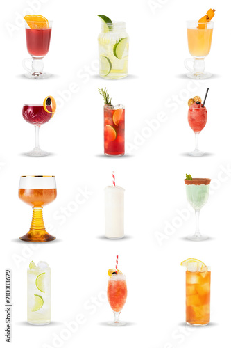alcoholic and non-alcoholic drinks, cocktails in glasses on a white background