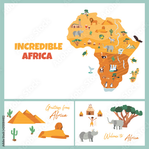 Bright postcards with map of Africa
