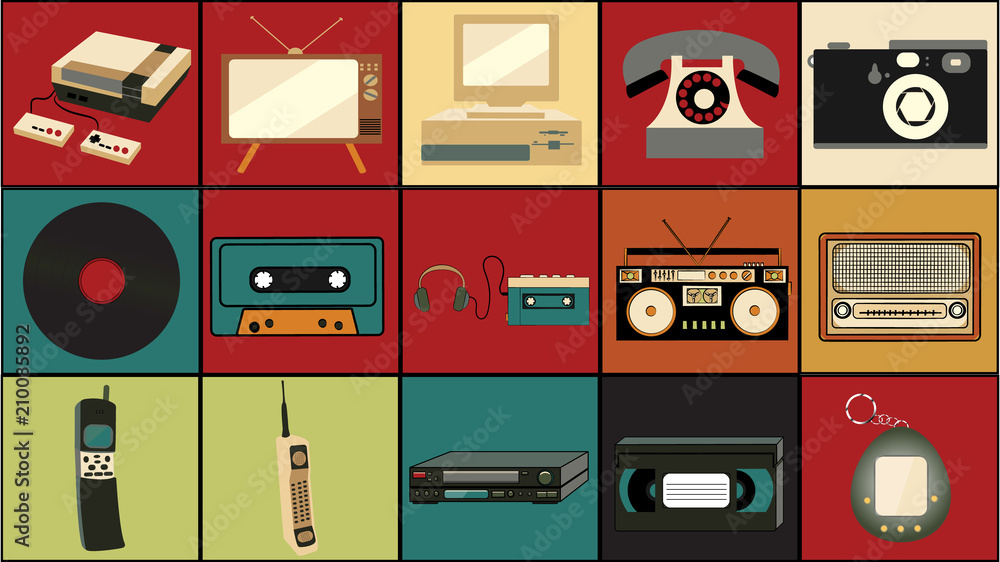 Set of old retro vintage hipster technology, electronics music vinyl, audio  and video cassette tape recorder TV game console phone camera and player  from the 80's, 90's on colorful backgrounds. Vector Stock