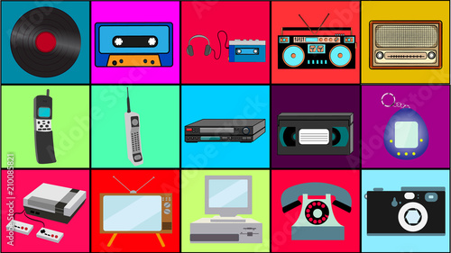 Set of old retro vintage hipster technology, electronics music vinyl, audio and video cassette tape recorder TV game console phone camera and player from the 80's, 90's on colorful backgrounds.