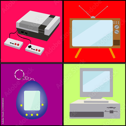 A set of old retro vintage antique hipster analog technology, electronics for video games, a prefix and a pocket toy TV and computer from the 80's, 90's on colorful backgrounds. Vector illustration.