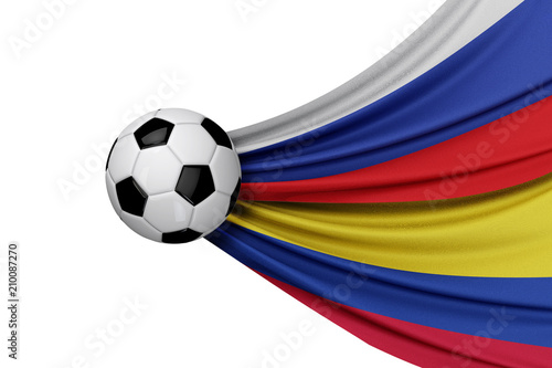 Russia and Colombia flag with a soccer ball. 3D Rendering