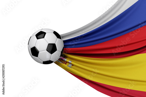 Russia and Spain flag with a soccer ball. 3D Rendering