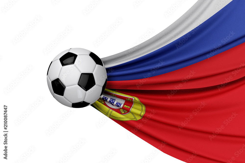 Fototapeta premium Russia and Portugal flag with a soccer ball. 3D Rendering