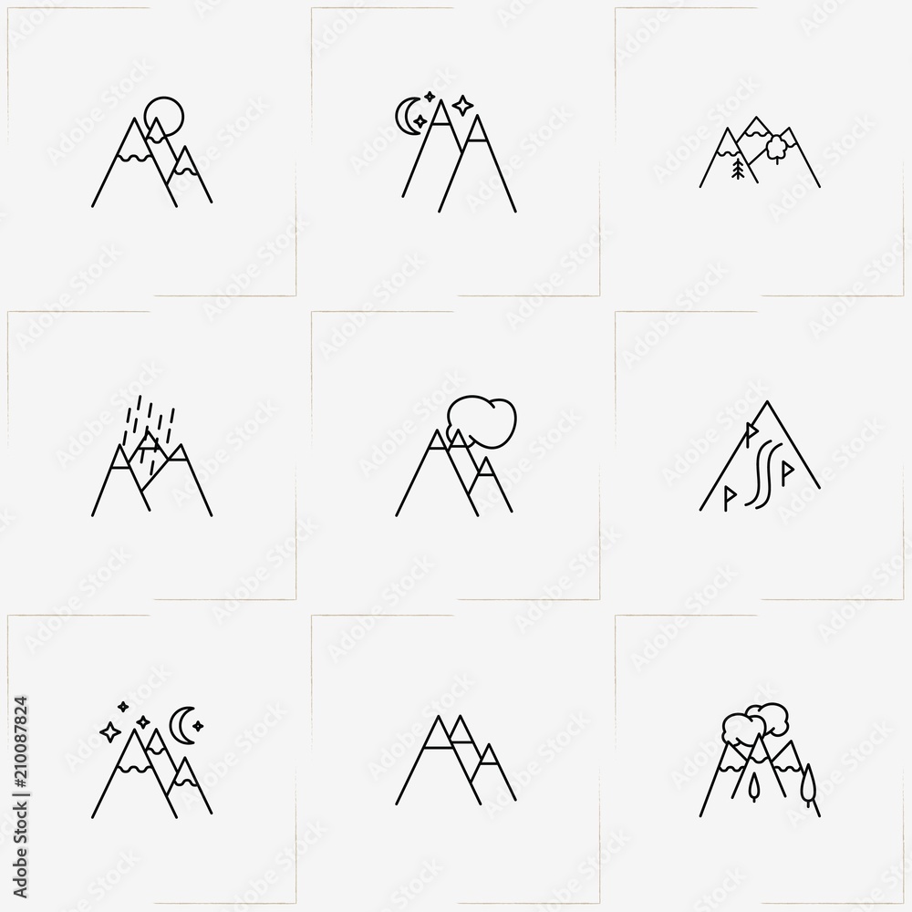 Mountains line icon set with mountains and mountain descent Mountains line icon set with mountains and mountain descent