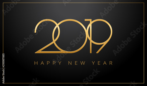 2019 Happy New Year greeting card gold and black background - vector