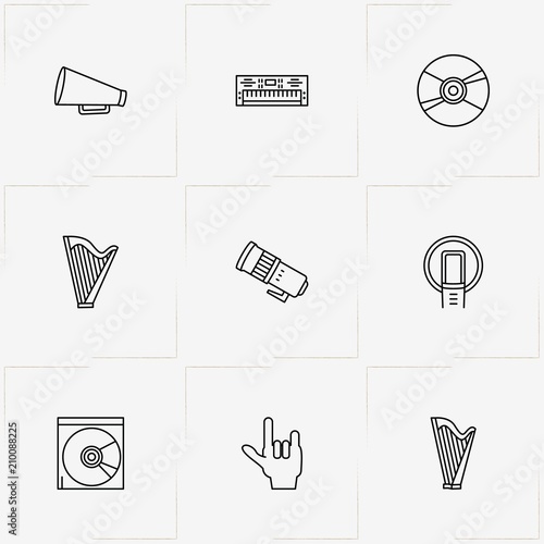 Music line icon set with compact disk, audio surrounding and harp