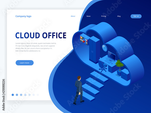Isometric cloud office with people concept. Web banner for data processing in the cloud. Cloud storage, data transfers on Internet from gadget to gadget. Vector illustration