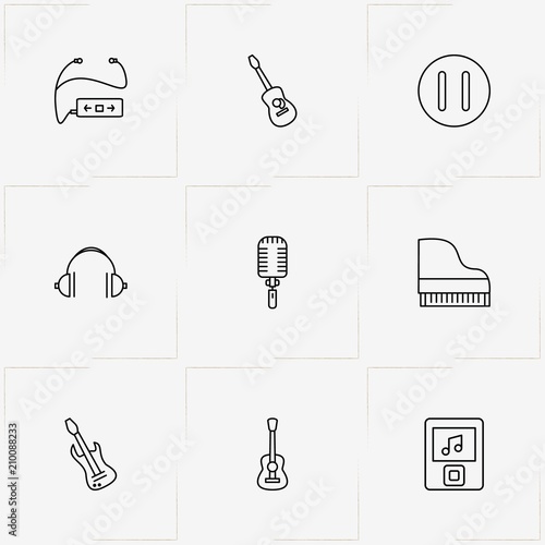Music line icon set with music player, piano and guitar