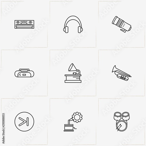 Music line icon set with headphone, synthesizer and play forward