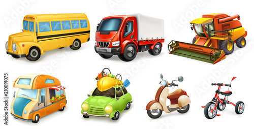 Transportation 3d vector icon set. Bicycle, scooter, car, van, combine, truck, bus